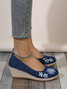 Của phụ nữ Đúng mốt & Thoải mái Chóp giầy tròn Xanh Thêu Giày lười Nêm & Nền tảng Giày đế bệt - Màu xanh lam - Xem 2