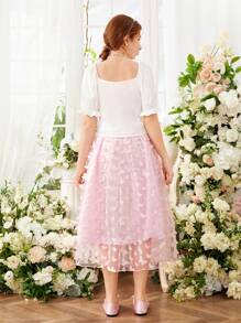 Teen Girl Bowknot Decorated Short Bubble Sleeve Top And Butterfly Applique Mesh Skirt 2pcs/Set - Multicolor - View 2