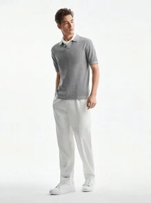 Calvornis Nam màu trơn Màu sắc Cổ chữ V Ngắn tay Dệt kim Áo - Màu Xám nhạt - Xem 2