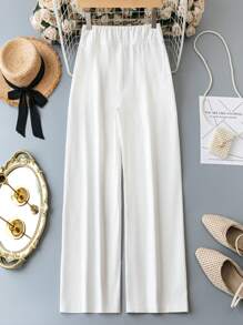 SHEIN Teen Girls' Plain Weave Twill Brushed Casual Pants With Pockets And Button Fly - White - View 2
