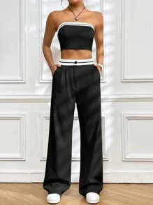 SHEIN EZwear Women's Fashionable Color Blocking Strapless Top And Long Pants Two Pieces Set - Black - View 5