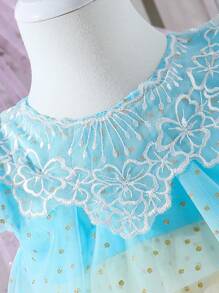 Baby Girl Color-Block Polka Dot Tulle Dress With Embroidered Flower And Tiered Mesh Layers - Blue and White - View 4