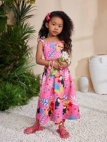 SHEIN 年輕女孩休閒春夏編織熱帶印花吊帶背心及長裙套裝 - 彩色 - 查看 6