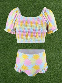 Cô gái Tween Hoa In Nếp uốn Bộ Bikini - Nhiều màu - Xem 6