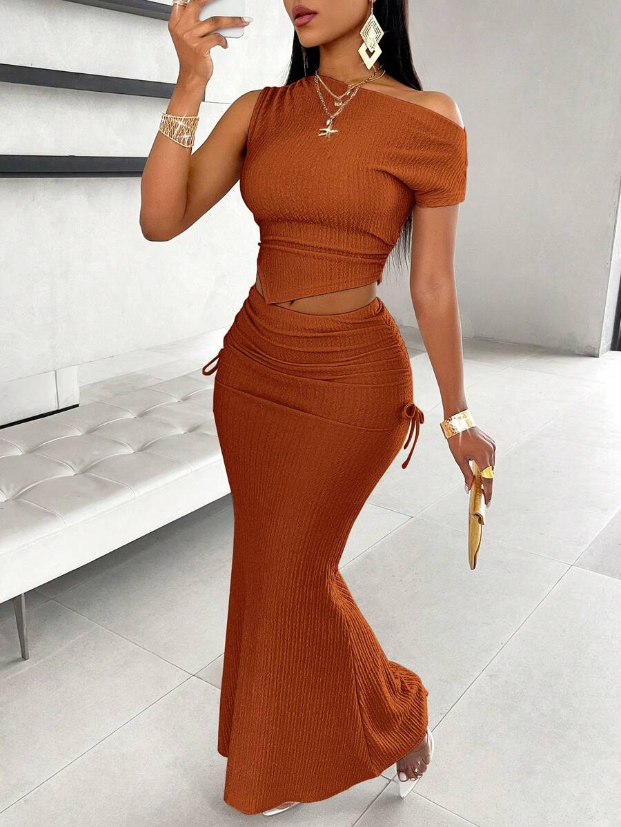 AIJ Amarilo Women's Elegant One-Shoulder Ruched Asymmetric Top And Fishtail Midi Skirt Set - Brown - View 1