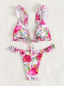 SHEIN Swim Women's Floral Print Ruffle Edge Bikini Set Summer Beach - Multicolor - View 6