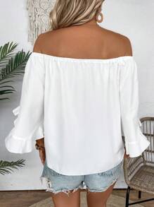 Breezaya Women's Solid Color Off Shoulder Ruffle Trim Tie Waist Blouse - White - View 2