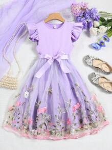SHEIN Vestido de malla con dobladillo de volantes y detalle de bordado floral para niñas en transición - Morado - Ver 1