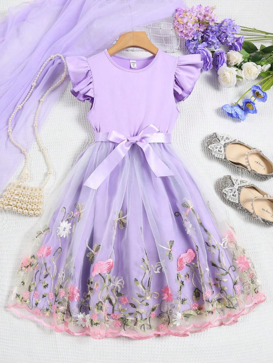 SHEIN Vestido de malla con dobladillo de volantes y detalle de bordado floral para niñas en transición - Morado - Ver 1