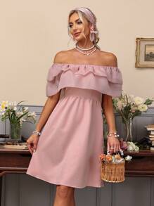 GENKIRA Vestido de mujer con hombros descubiertos, unicolor, con múltiples capas y ribete de volantes - Rosa coral - Ver 3