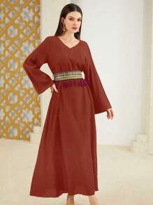 Al Najma 女式流苏长袖阿拉伯腰部拼布连衣裙