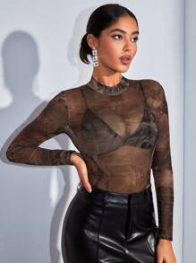 SHEIN BAE Women's Vintage Stand Collar Bodysuit With Character Printing - Brown - View 3