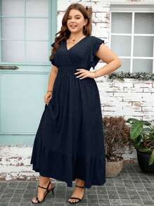 SHEIN Clasi Plus Size Solid Color V-Neck Sleeveless Summer Dress - Navy Blue - View 4