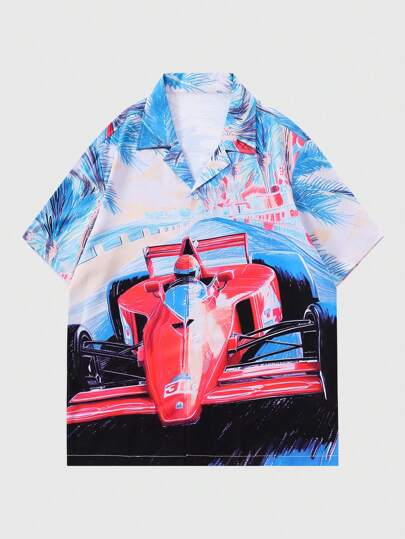 Street Life Camicia A Maniche Corte Stampata Racing & Coconut Tree Per Uomo, Adatta Per L'uso Quotidiano In Primavera Ed Estate