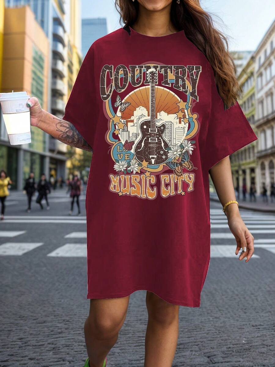 Flirla 大碼字母和吉他印花垂墜肩t恤裙 - 酒紅色 - 查看 1