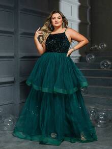Women's Plus Size Sequin Embellished Mesh Panel Dress With Spaghetti Straps For Evening Party - Green - View 5