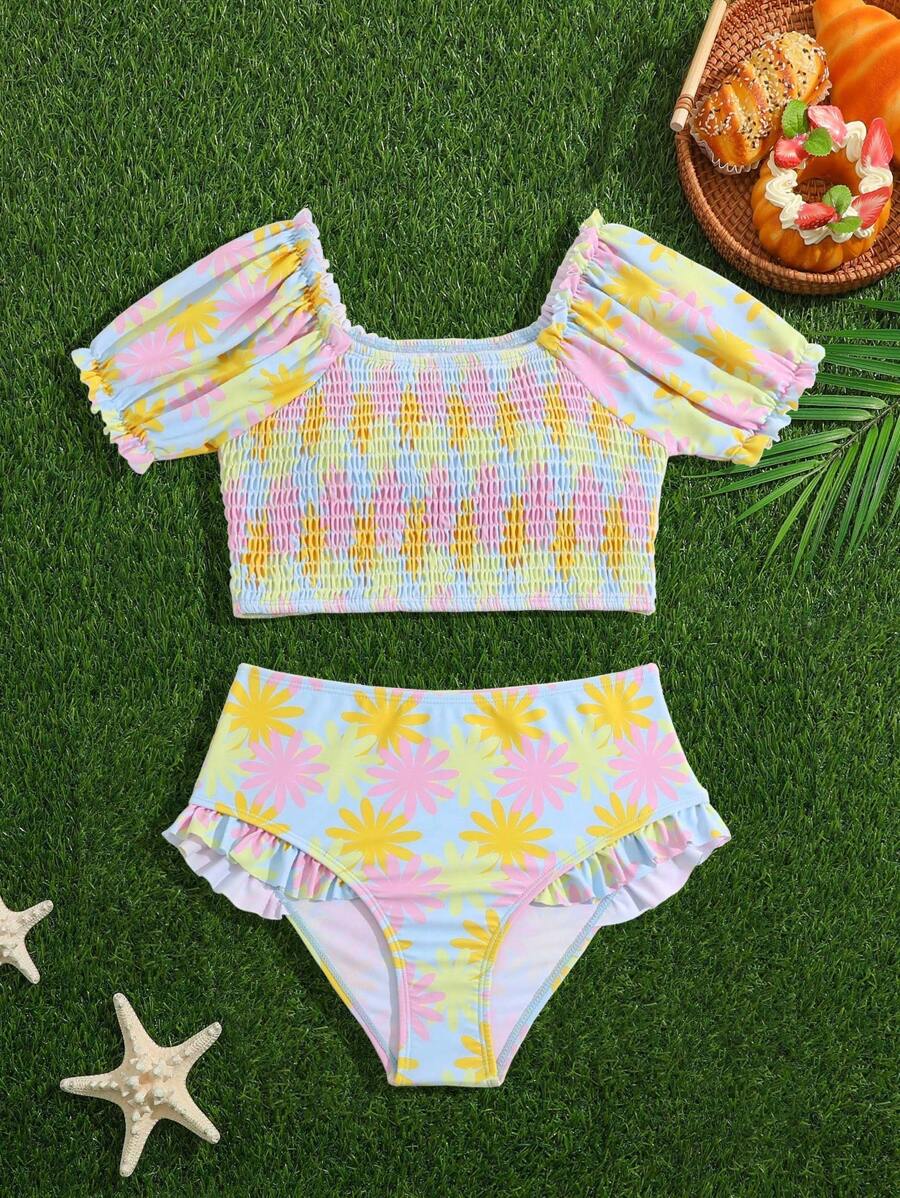 Cô gái Tween Hoa In Nếp uốn Bộ Bikini - Nhiều màu - Xem 1