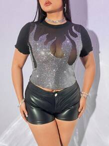 SHEIN ICON Plus Size Women's Mesh Sheer Top With Rhinestone Embellishment For Summer