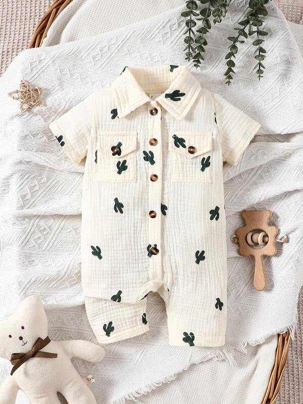 SHEIN Baby Boy's Cactus Print Romper With Pocket Flap And Button Front