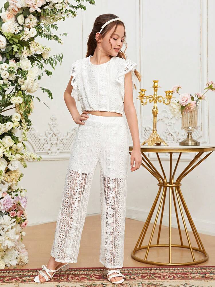 2pcs/Set Tween Girls' Round Neck Flutter Sleeve Top And Pants Outfit