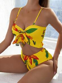 Breezaya Summer Beach Women's Floral Printed Front Knot 3-Piece Bikini Set With Ruffle Hem - Yellow - View 3