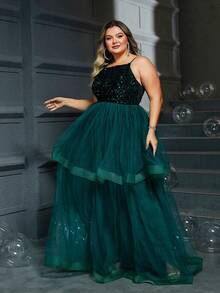 Women's Plus Size Sequin Embellished Mesh Panel Dress With Spaghetti Straps For Evening Party - Green - View 6