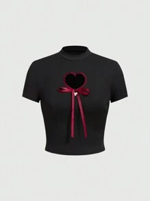 ROMWE Kawaii Của phụ nữ Thon gọn Áo thun Với Tim Cắt ra Nơ Đồ trang trí , Hình trái tim Kim loại Nút Và Dễ thương Thiết kế Cảm thấy - màu đen - Xem 1
