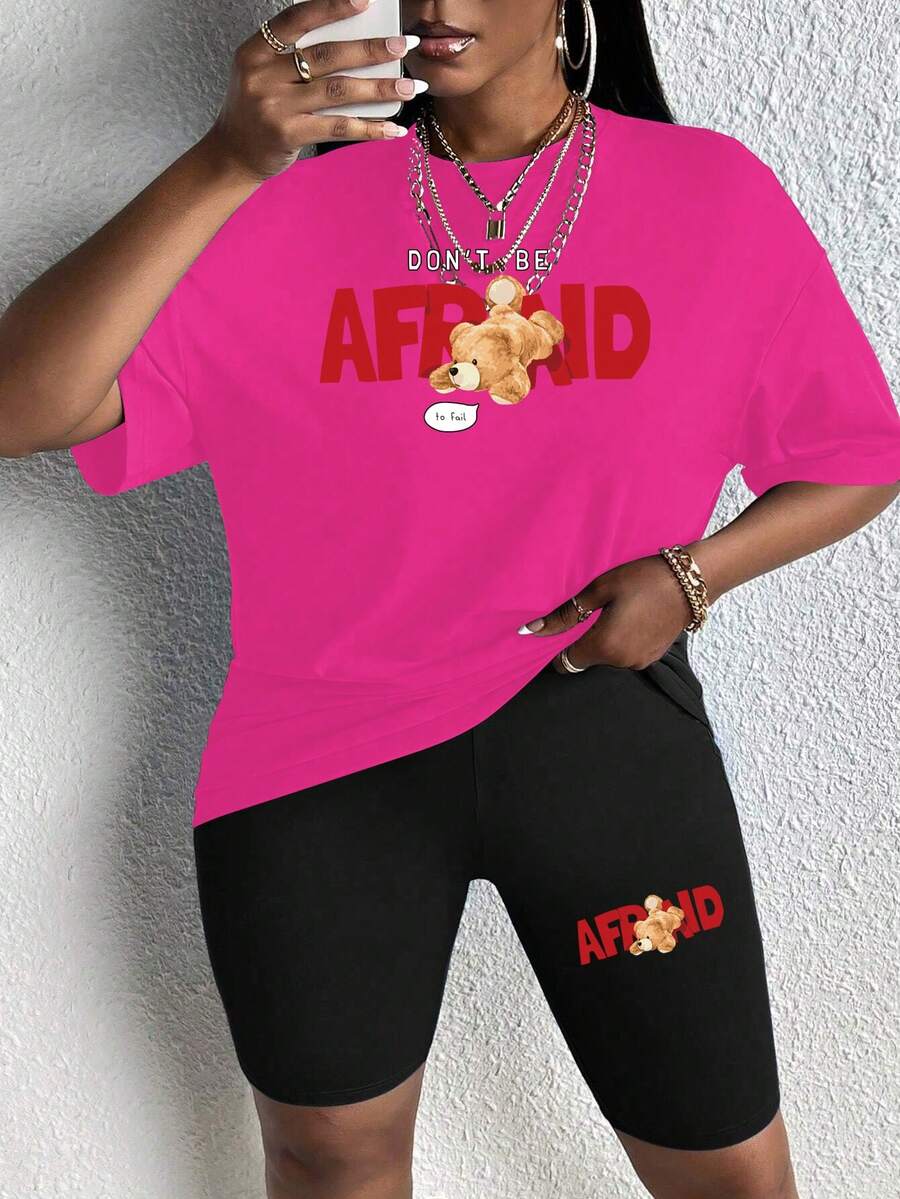 SHEIN Slayr 女士字母貝莉印花圓領t恤和短褲休閒2件套裝 - 彩色 - 查看 1