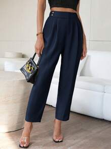 SHEIN Privé Women Pants Tombol Zip Plicated Plain Anggun - Navy Blue - View 5