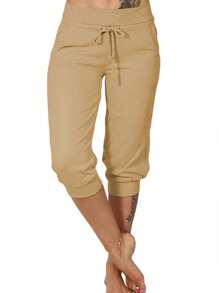 INAWLY Pantalones Capri De Cintura Alta Y Cordón Sólido Para Mujer - Marrón - Ver 1