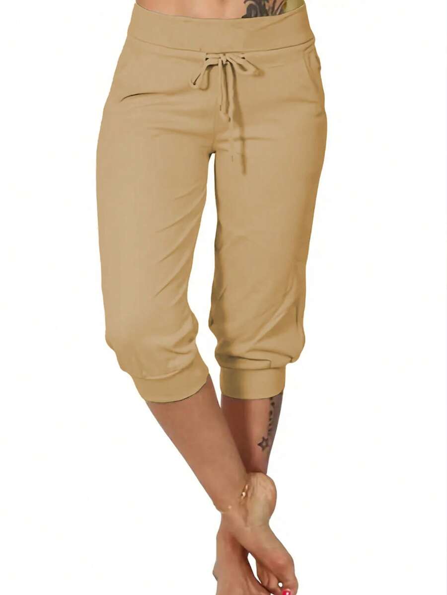 INAWLY Pantalones Capri De Cintura Alta Y Cordón Sólido Para Mujer - Marrón - Ver 1