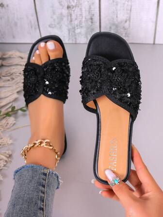 2025 Summer National Style Women's Flat Slippers, Open Toe Design With Pearl Decor, Beach Sandals, Fashionable, Lightweight And Comfortable