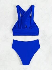 SHEIN Swim Summer Beach Criss Cross Ruched High Waisted Bikini - Royal Blue - View 8