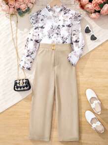 SHEIN Tween Girl Floral Print Ruffle Trim Top & Pants - Khaki - View 1