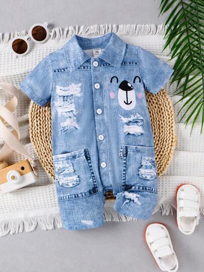 SHEIN Vintaside Kids 嬰兒男童卡通圖案牛仔效果短袖連體褲