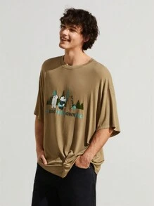 SHEIN Earth Day Fanverse Picks Men Cartoon And Letter Graphic Drop Shoulder Tee - Khaki - View 8
