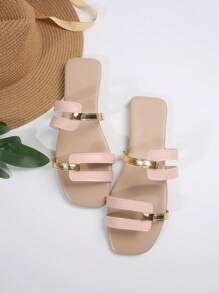 女士平底低跟时尚休闲凉鞋，舒适拖鞋，春夏穿搭 - 粉色 - 查看 5