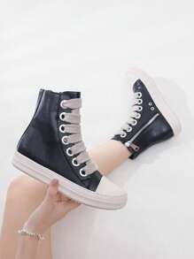 Alan Vincent Black Boots 2025 New Style Women Boots High-Top Women Lace-Up Zip Flat Boots Party Shoes For Women Daily Wear Ladies Shoes Casual And Versatile Fashion Sneakers Cute Boots