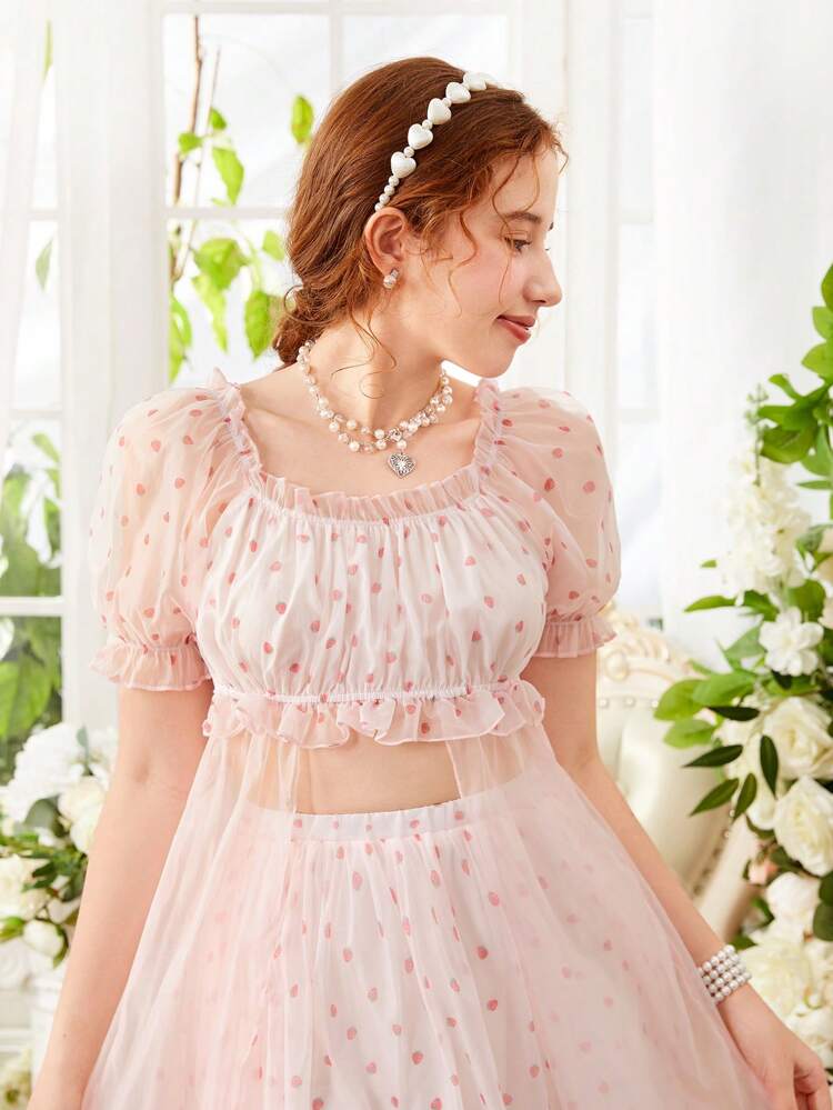 Teen Girl Heart Printed Short Sleeve Crop Top With Frilled Hem And Skirt Set