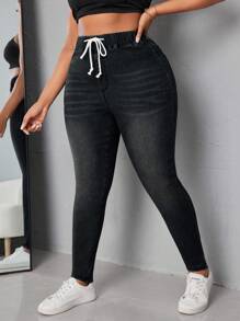 SHEIN SXY Rozmiar Plus Sznurek w talii Szczupły Dżinsy , - Czarne - Zobacz 5