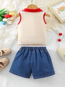 Baby Girl Colorblock Tank Top And Cherry Embroidery Skirt Set - Blue - View 2