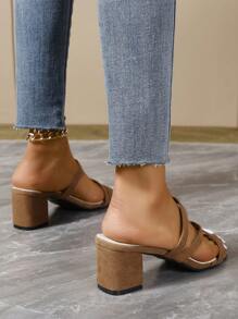 女性舒適高跟涼鞋,仙氣風格,夏季百搭款,米白色,開放式腳趾,防滑底,低跟,軟底,適合搭配裙子和旗袍裙 - 棕色 - 查看 4