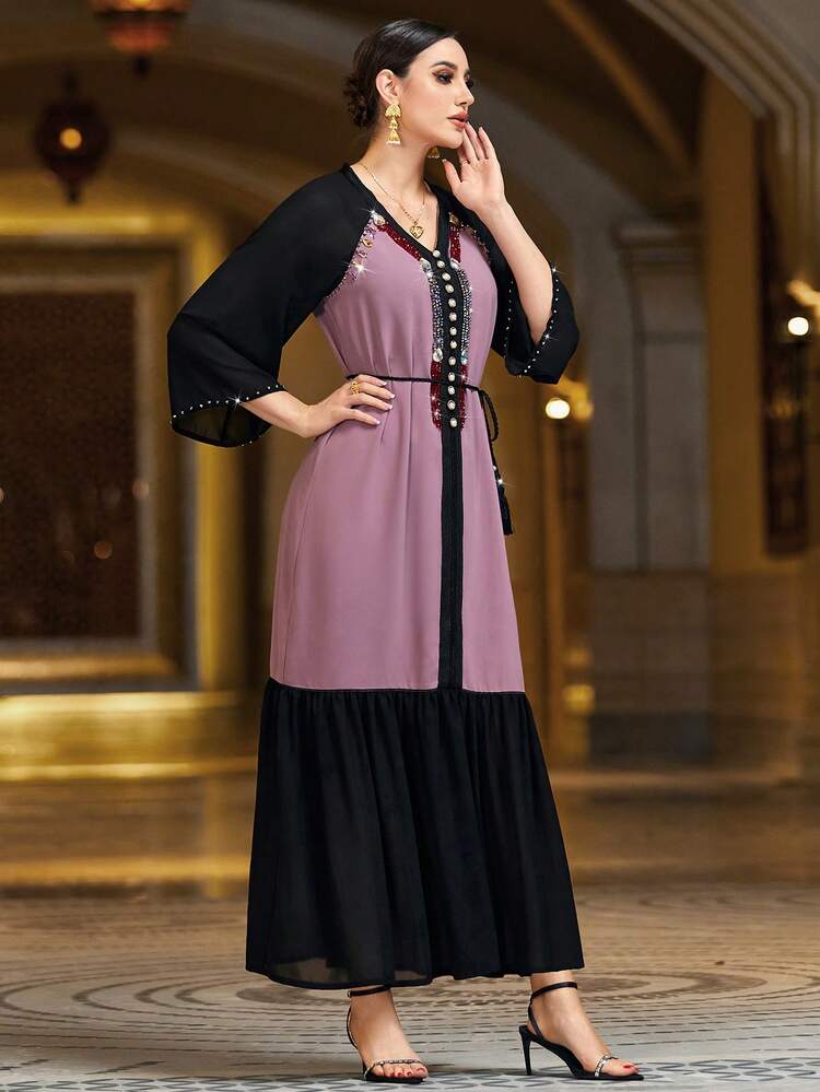 Color Block Heavy Duty Rhinestone Decor Ruffle Hem Dress Kaftan Jalabiya Dress