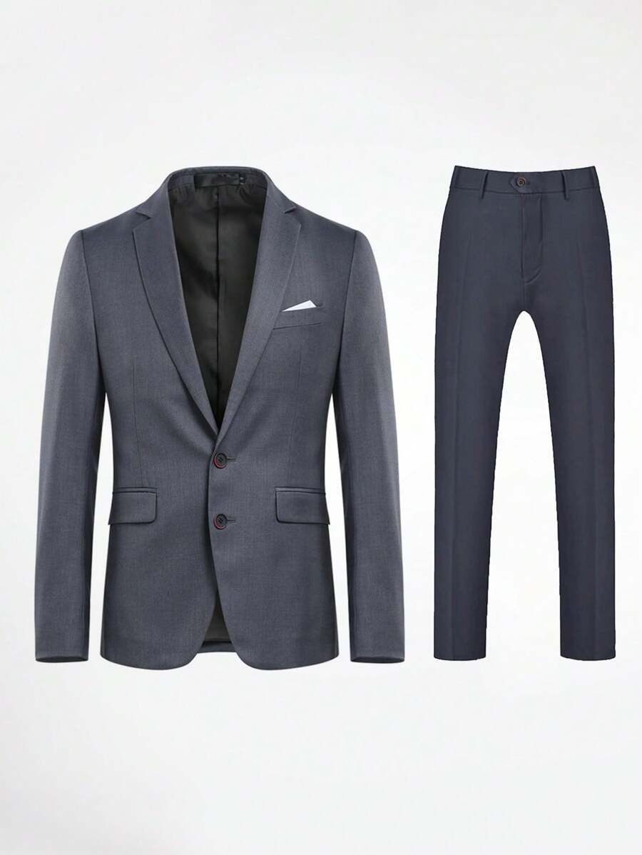 CLOUDSTYLE Men's Single-Breasted Suit Jacket With Lapel Collar And Trousers Set - Grey - View 1