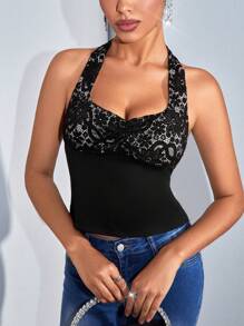 SHEIN BAE 性感蕾絲拼接領口露背緊身短上衣,適用於約會、俱樂部、假期、音樂節 - 黑色 - 查看 6
