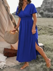 Franclia Vestido largo con cuello en V, cinturón y envolvente para mujer de talla grande