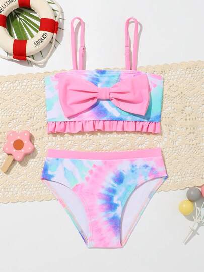年輕女孩綁染比基尼套裝，蝴蝶結裝飾，無鋼圈