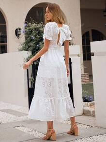 Simplee Women's Summer New Solid Color Hollow Embroidery Waist Cincher Long Dress, Holiday