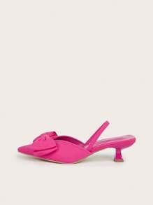 Zapatos de tacón alto con cómoda punta puntiaguda y decoración de lazo, sin deslizamiento (corte asimétrico del empeine) para el Día de San Valentín, tacón de gatito - Rosa Fucsia - Ver 4