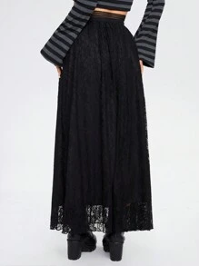 ROMWE Goth 女士纯色蕾丝长款优雅半身裙 - 黑色 - 查看 2